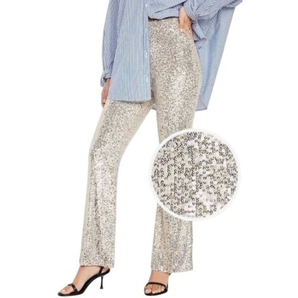 Silver Sequin High Rise Flare Pant Disco Party Festival 70s Glam NYE Halloween M